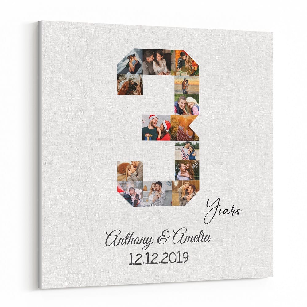 3 Year Anniversary Number Photo Collage – 14 Photos Canvas Print