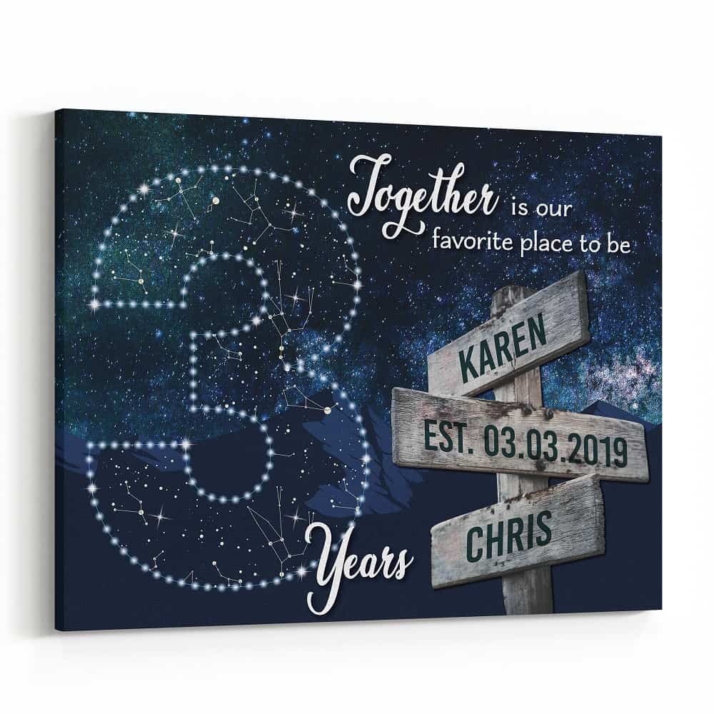 3 Years Together Star Map Street Sign Names Canvas Gift