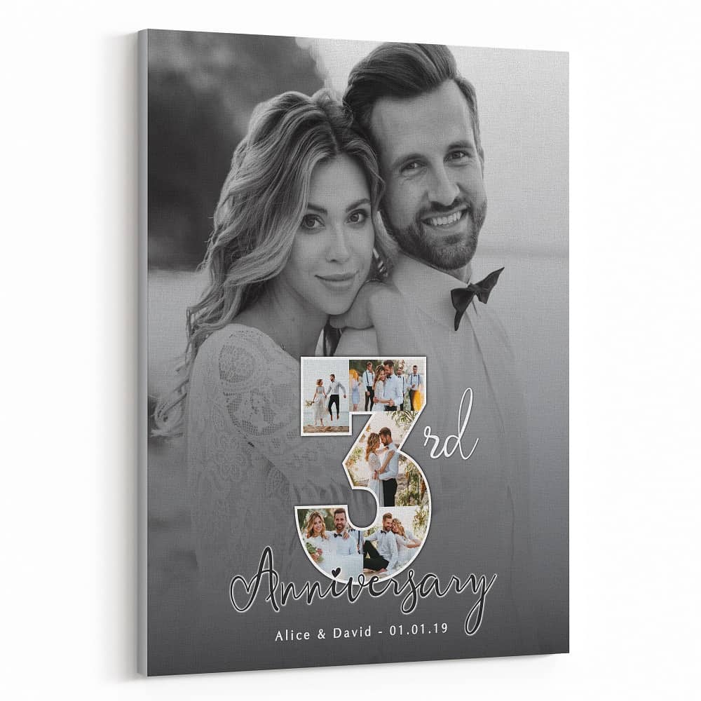 3rd Anniversary Number Photo Collage Black And White Canvas Print