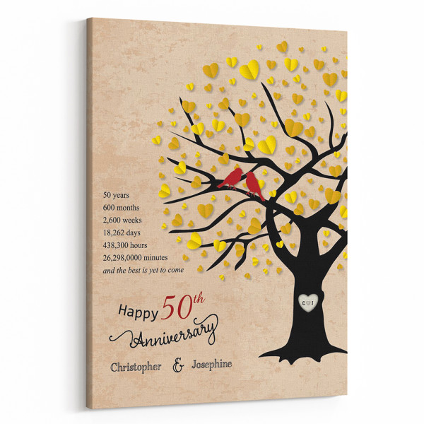 50th Anniversary Family Tree Custom Canvas Print with Time Milestones, and Golden Heart Leaves