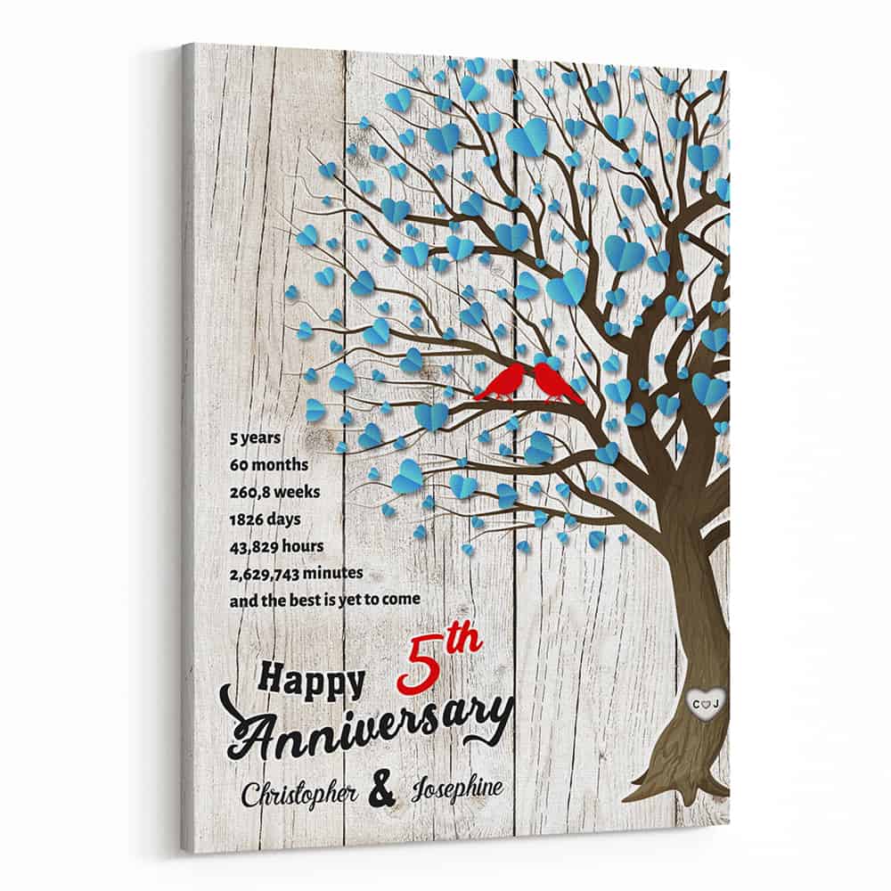 5th Anniversary Tree and Love Birds Couple Canvas