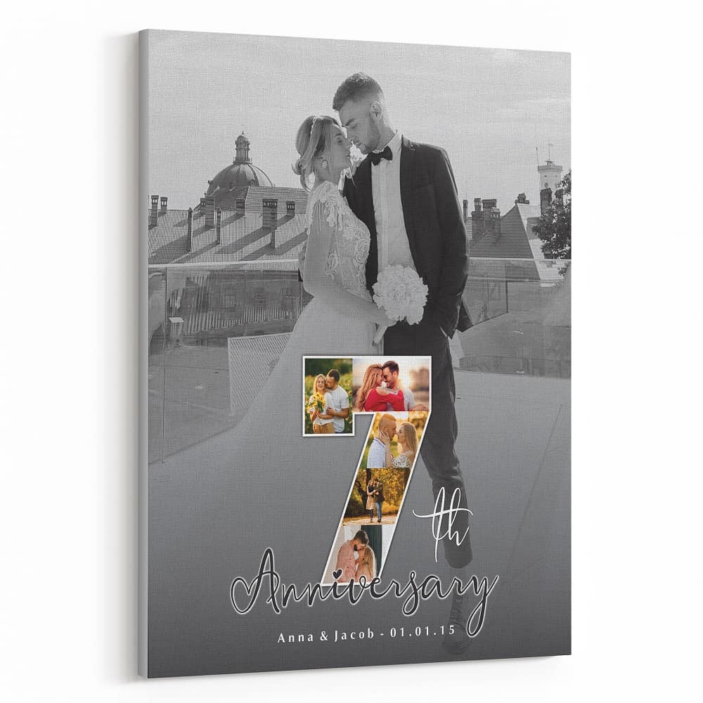 7th Anniversary Number Photo Collage Black And White Canvas Print