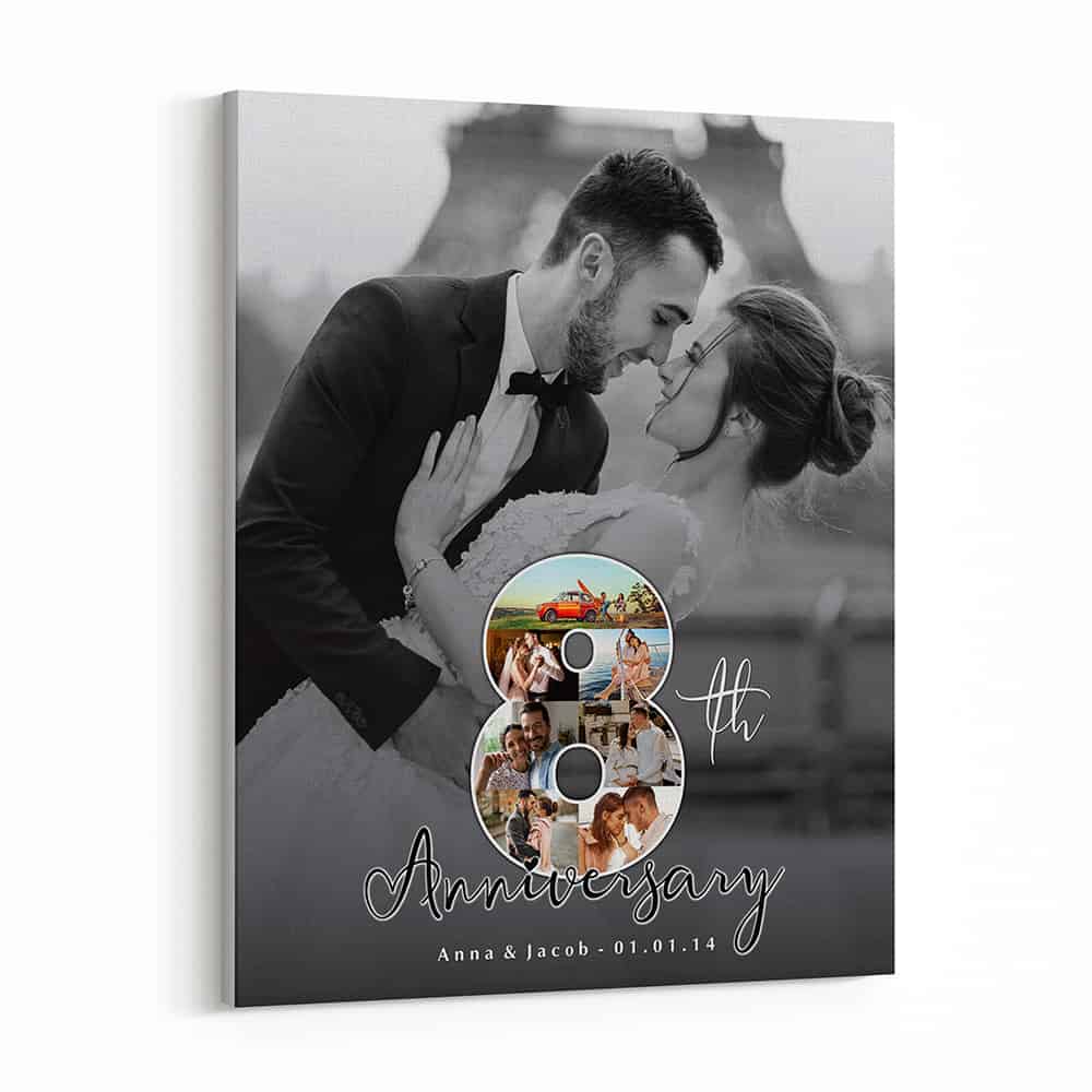 8th Anniversary Number Photo Collage Black And White Canvas Print