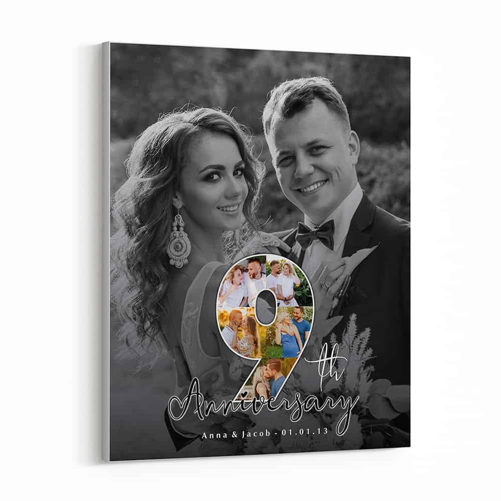 9th Anniversary Number Photo Collage Black And White Canvas Print