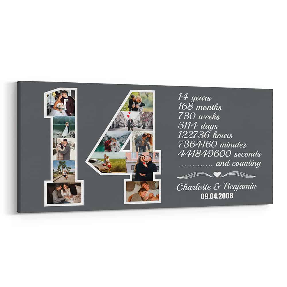 Custom 14th Anniversary Gift for Couples Number Photo Collage Canvas Print