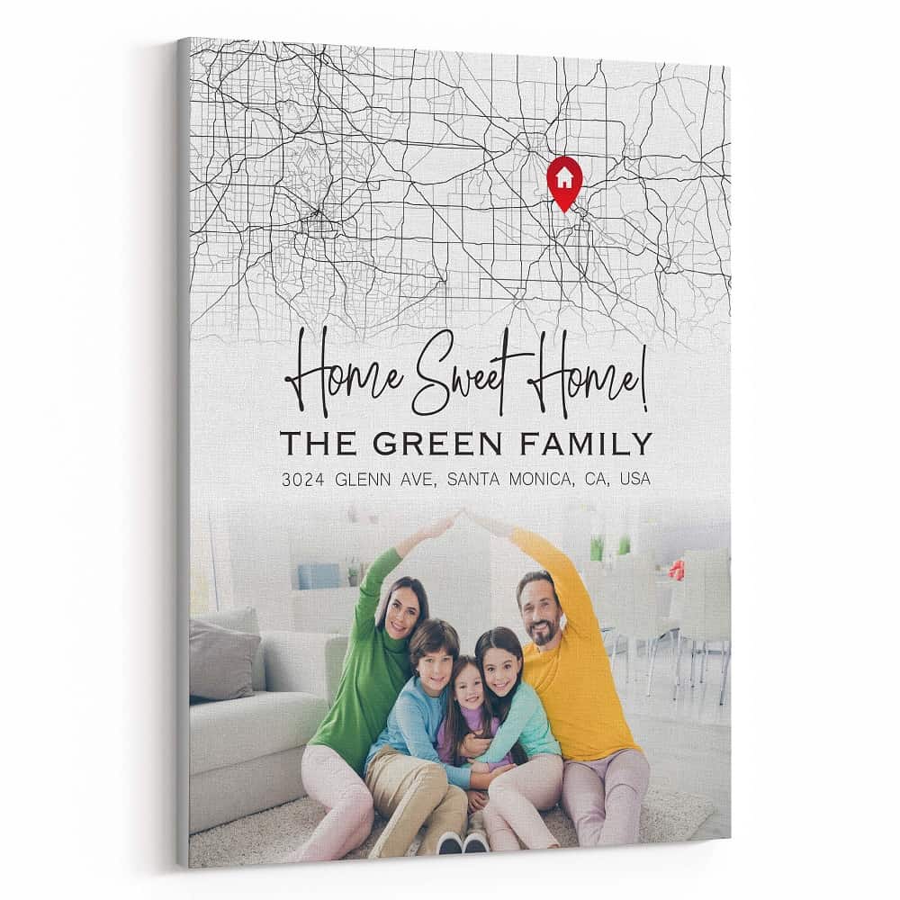 Home Sweet Home Custom Map With Photo Canvas Print