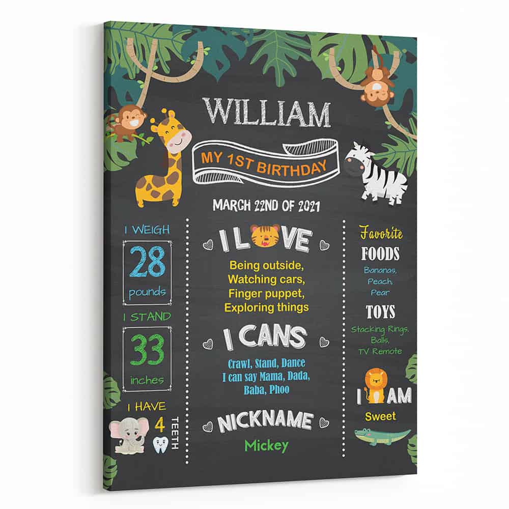 Jungle Zoo First Birthday Chalkboard Custom Canvas Print