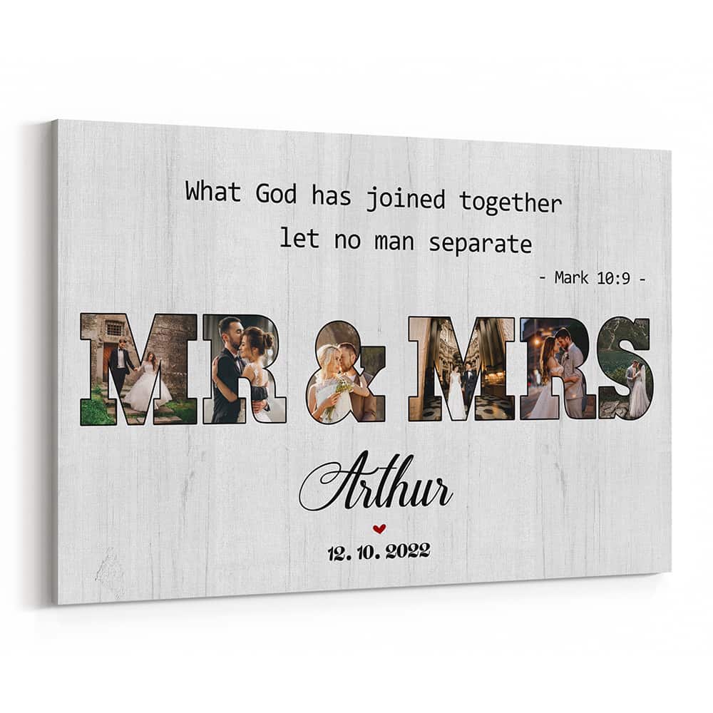 Mr And Mrs Photo Collage Word Art Canvas Print with Mark 10:9