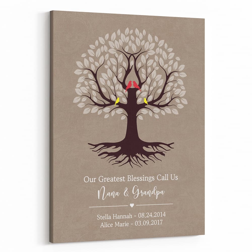 Our Greatest Blessings Call Us Nana and Papa Personalized Family Tree Canvas Print with Brown Background