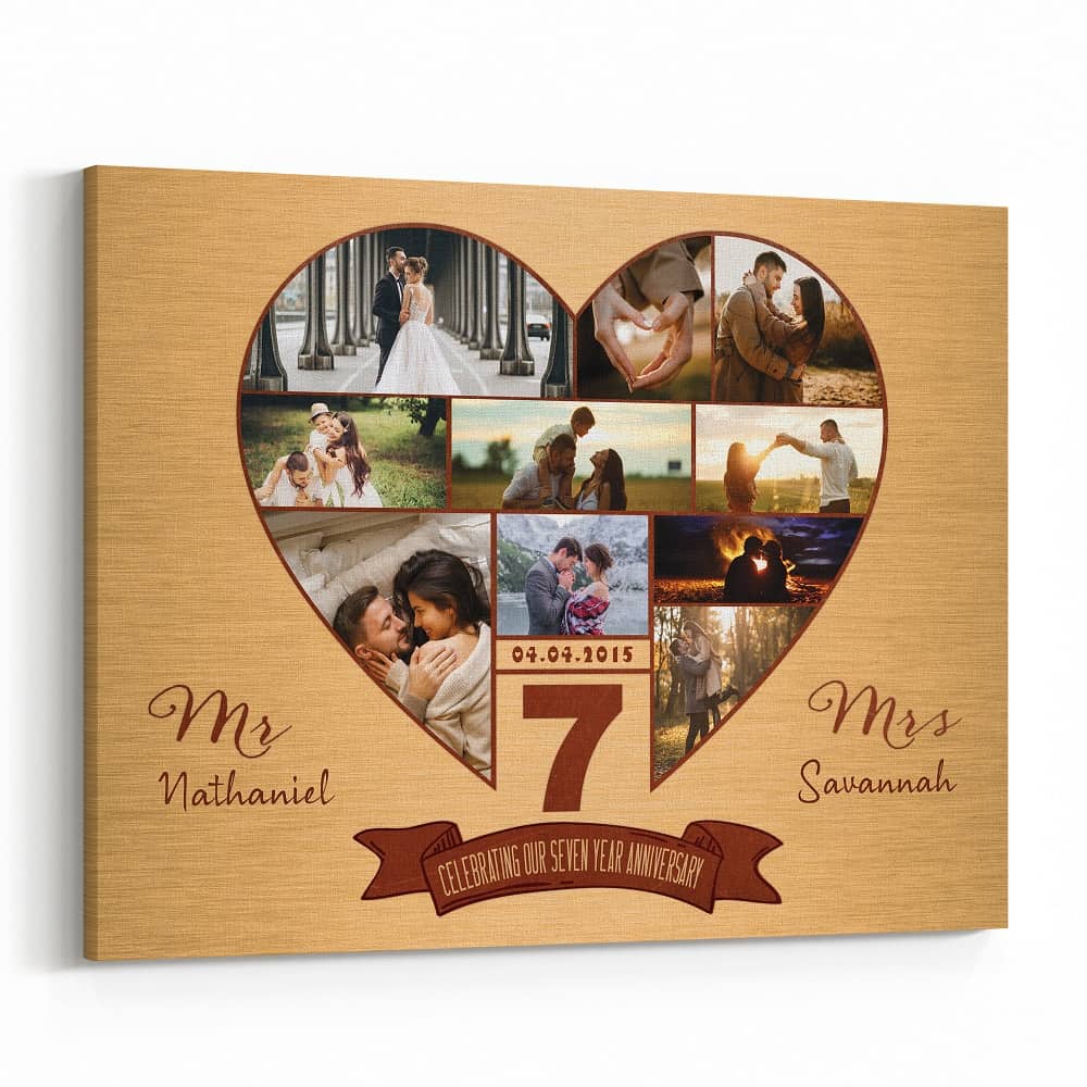 Seven Anniversary Heart Photo Collage Custom Canvas Print