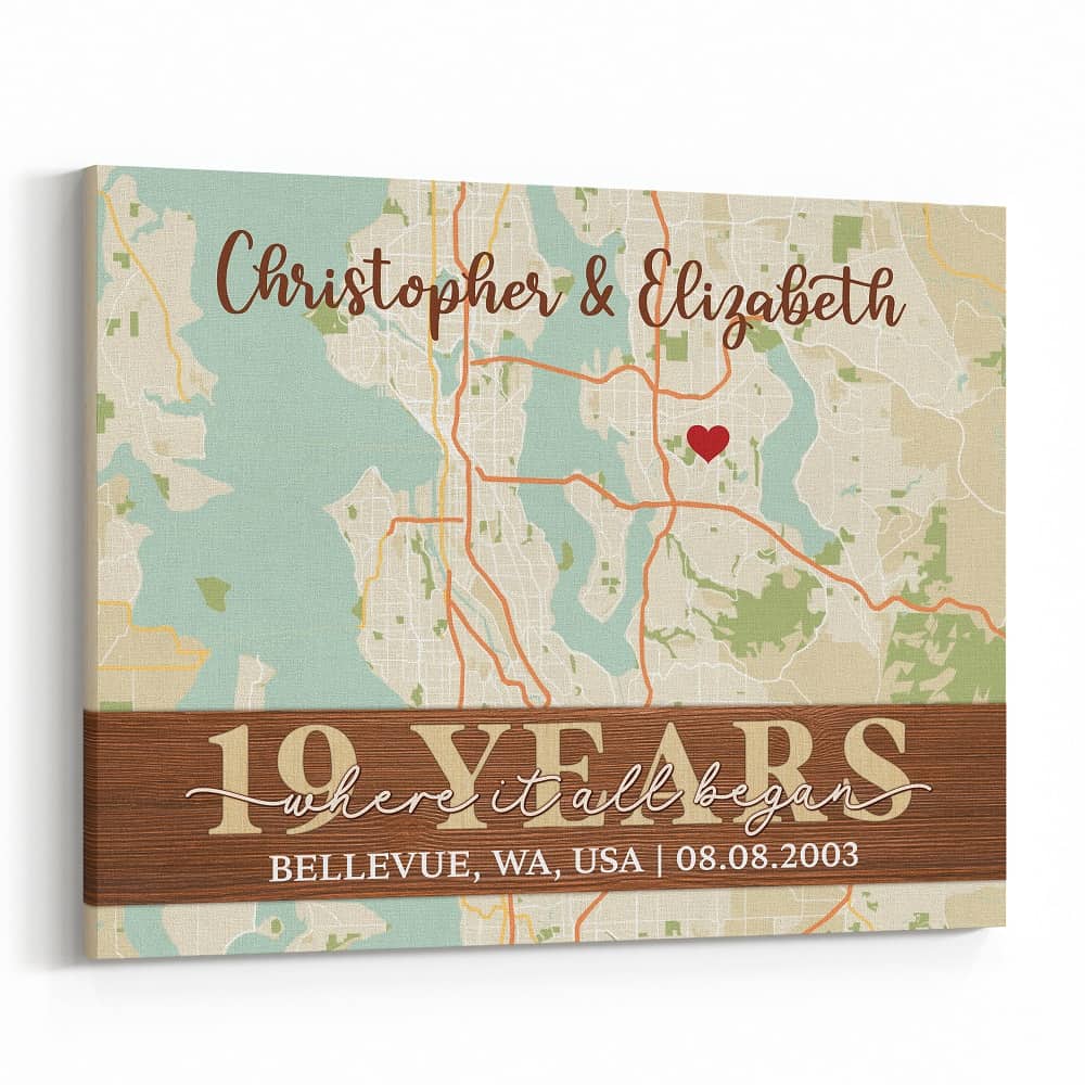 19 Years Where It All Began Custom Retro Map Canvas Print