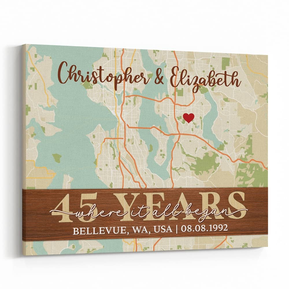 45 Years Where It All Began Custom Retro Map Canvas Print