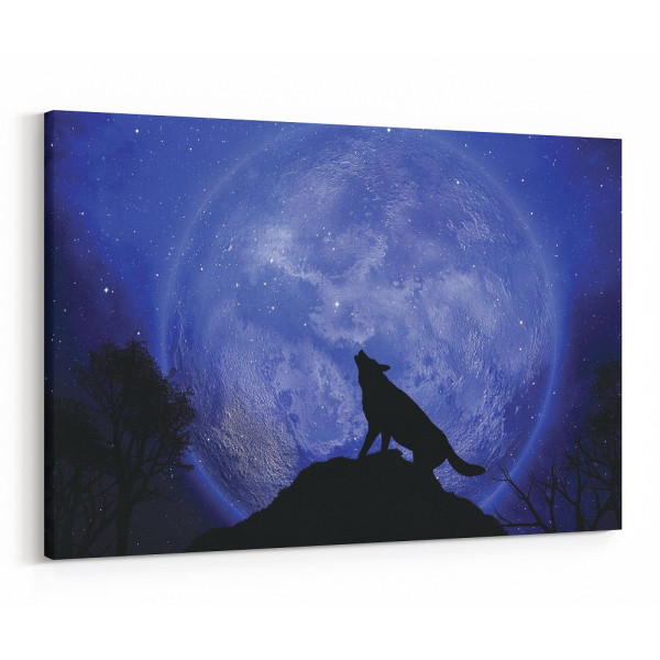 Wolf Howling At The Moon Silhouette Canvas Wall Art