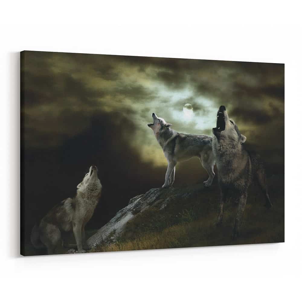 Wolves Howling At The Moon Canvas Wall Art