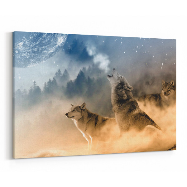 A Wolf Pack Howling At The Moon Canvas Wall Art