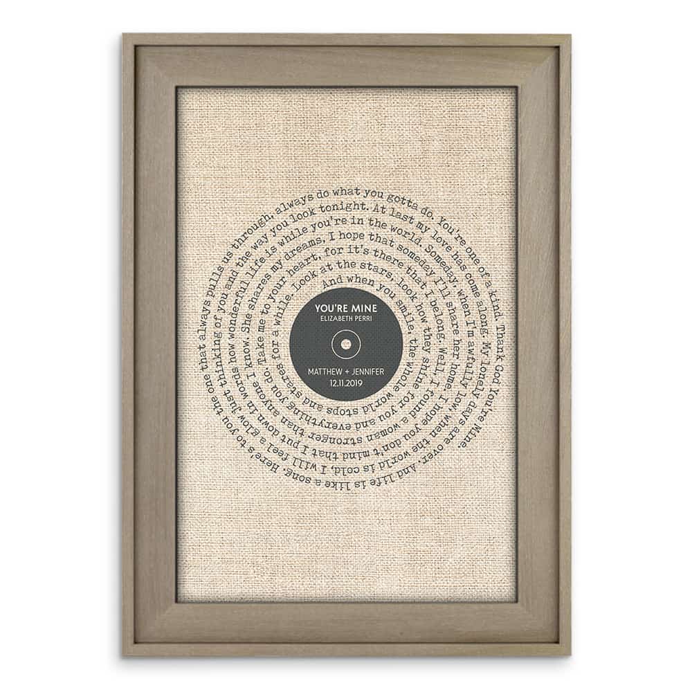 Vinyl Record With Song Lyrics Linen Print Barnwood Framed