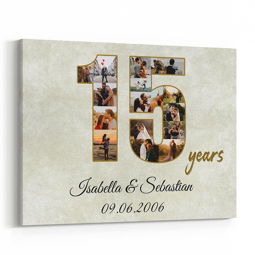 15th Anniversary Canvas – Custom Number Photo Collage with 17 Pictures