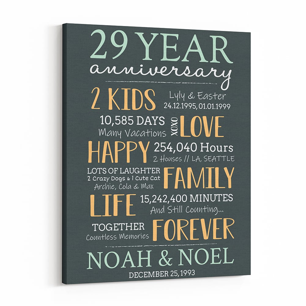 29 Year Milestone Anniversary Custom Canvas Print