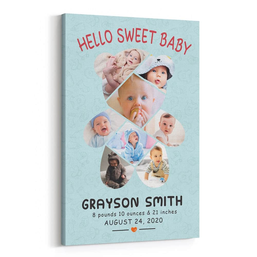 “Hello Sweet Baby” Custom Birth Stats Photo Canvas Print