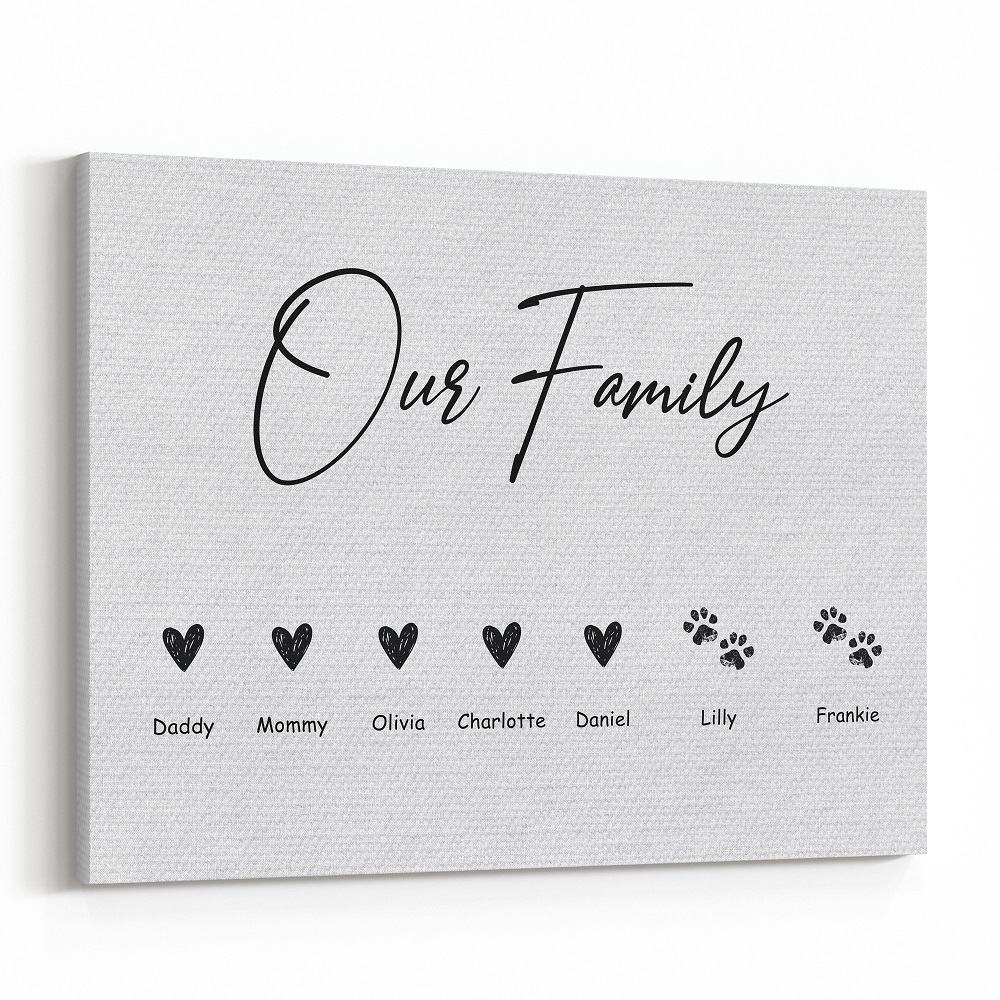 Personalized Our Family Hearts and Paws Canvas Print