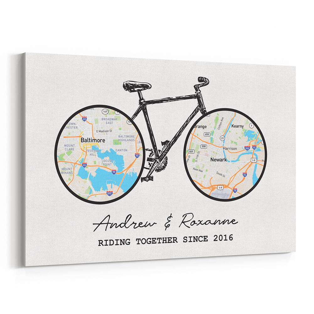 “Riding Together” Bicycle Map 2 Locations Canvas Print