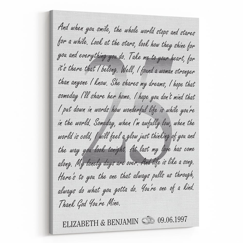 25th Silver Anniversary Canvas Print – Handwritten Song Lyrics with Hidden Number 25 (Any Song)