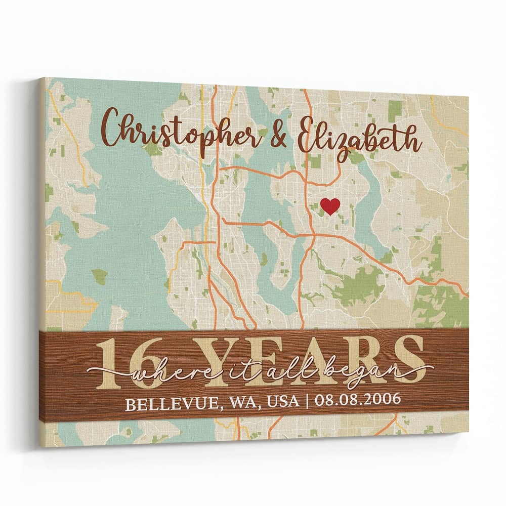 16 Years Where It All Began Custom Retro Map Canvas Print