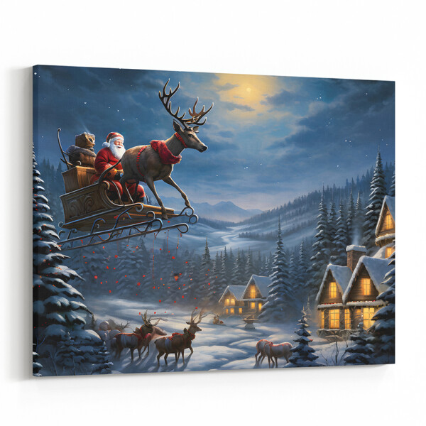 Santa's Sleigh and Reindeer in Sky Christmas Canvas Art