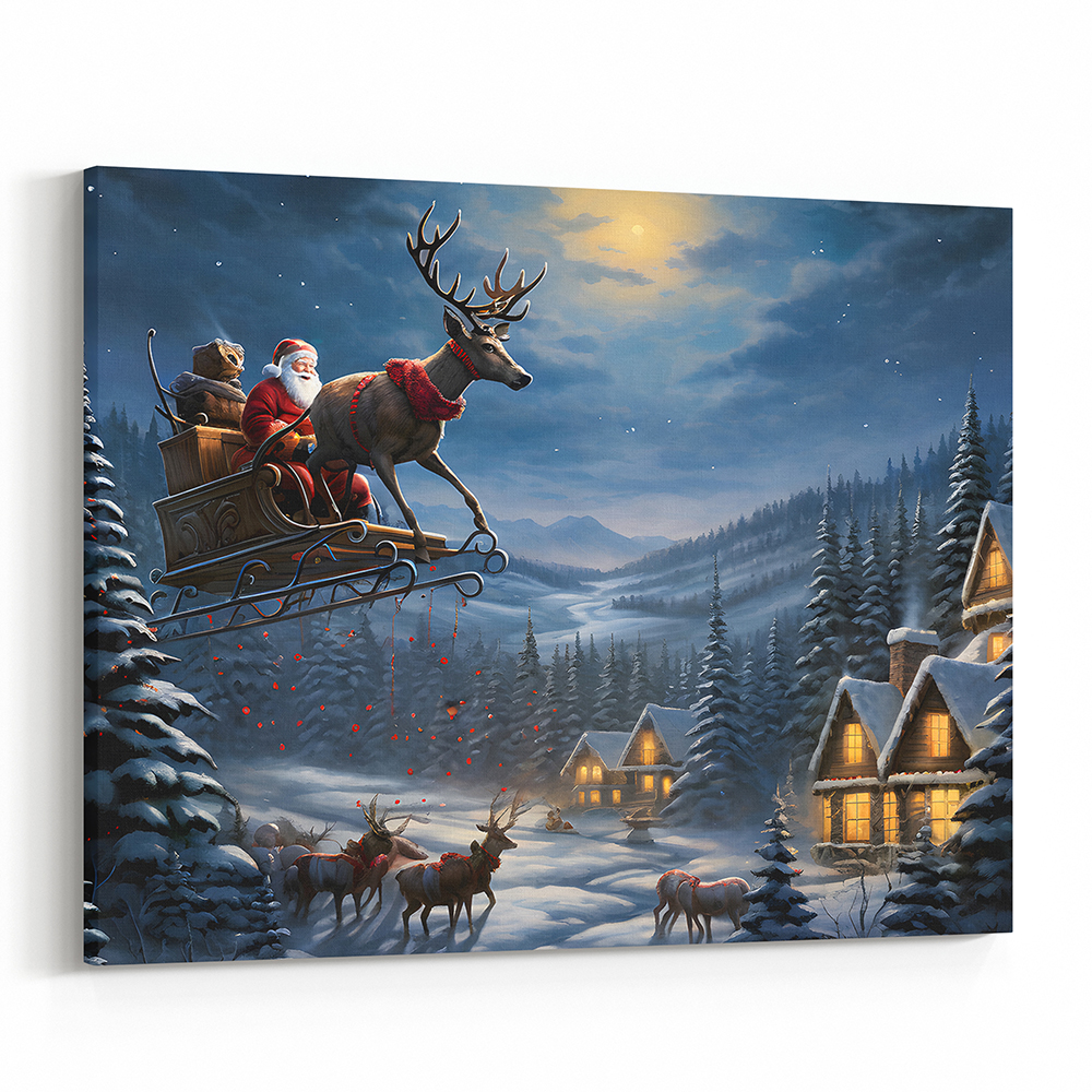 Santa’s Sleigh and Reindeer in Sky Christmas Canvas Art