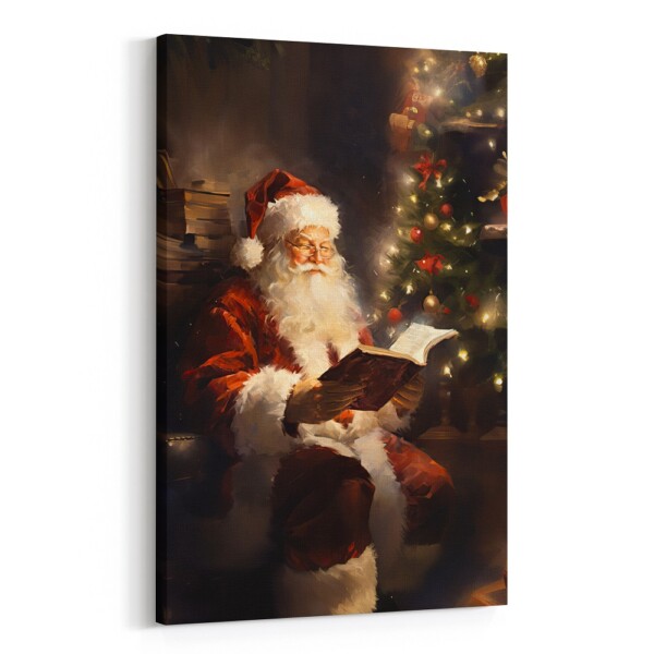 Vintage Christmas Wall Art Santa Reading Book Canvas Art