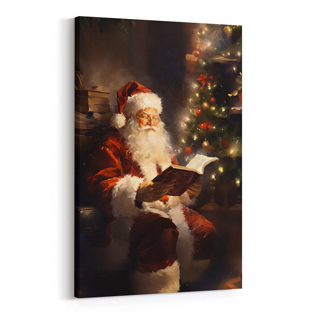 Vintage Christmas Wall Art Santa Reading Book Canvas Art