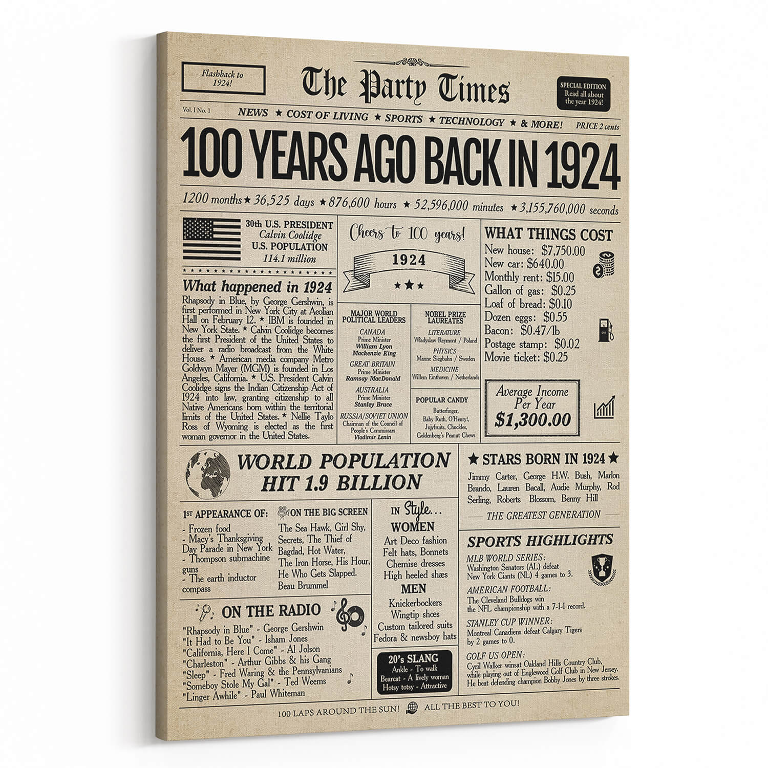 Back In 1924 100th  Birthday Newspaper Canvas Print