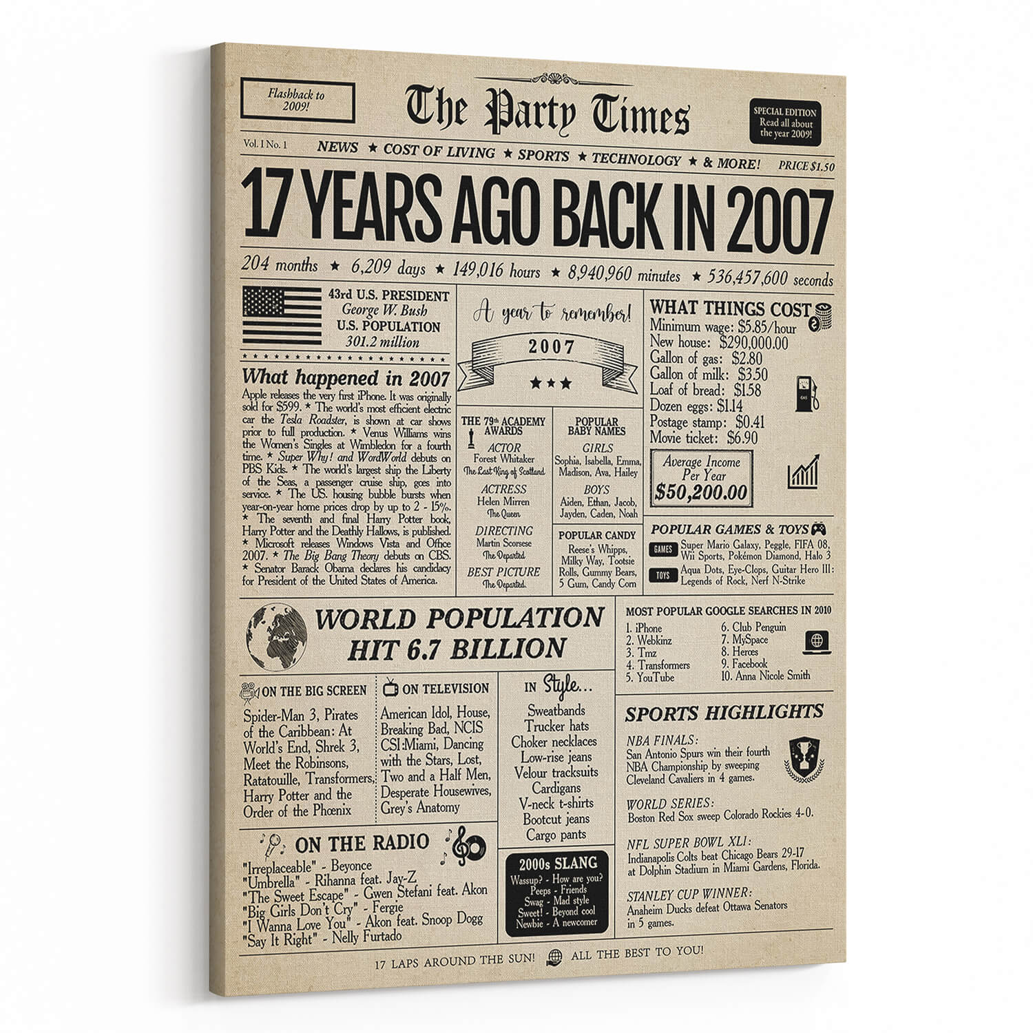 Back In 2007 17th Birthday Newspaper  Canvas Print