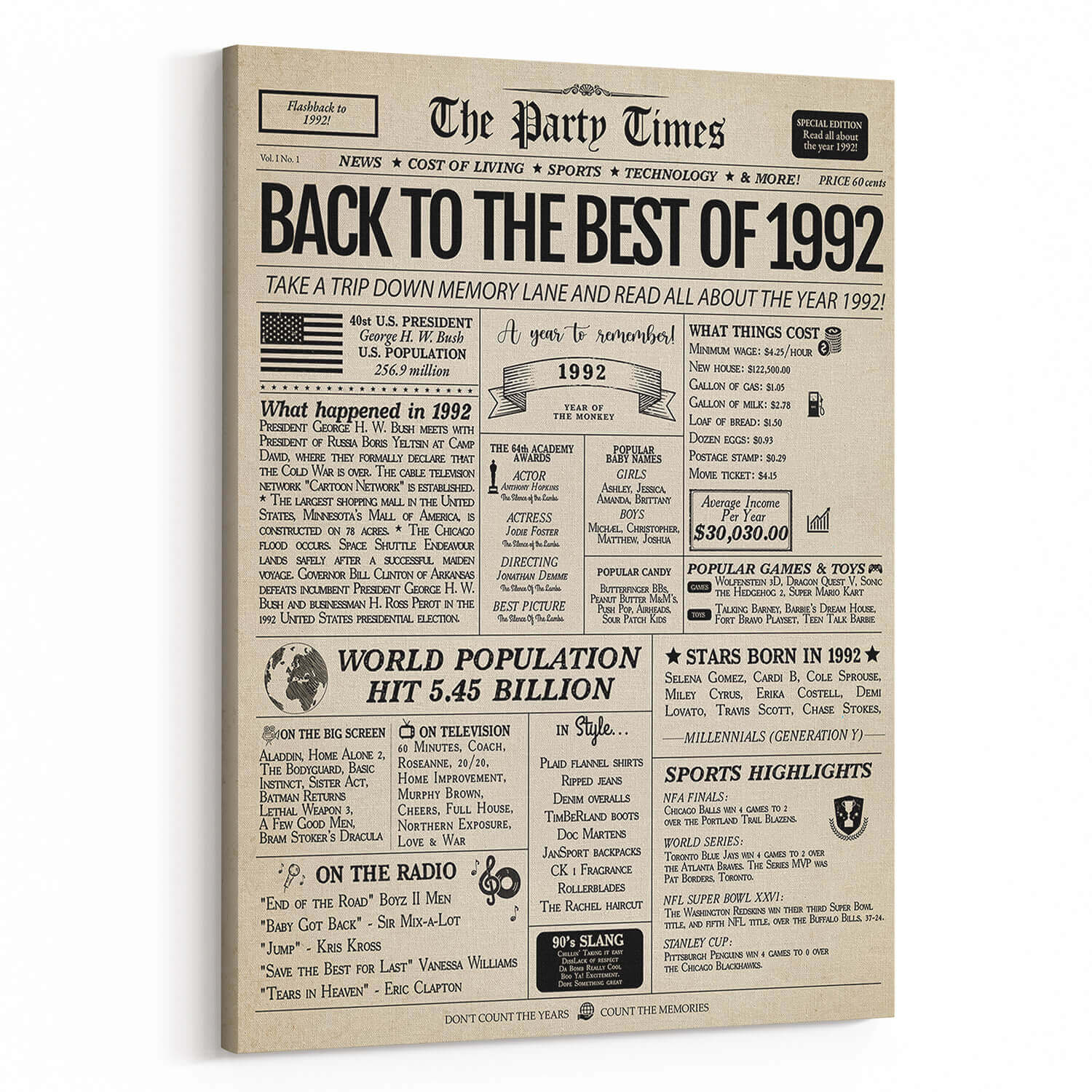 Back In 1992 32nd Birthday Newspaper Canvas Print