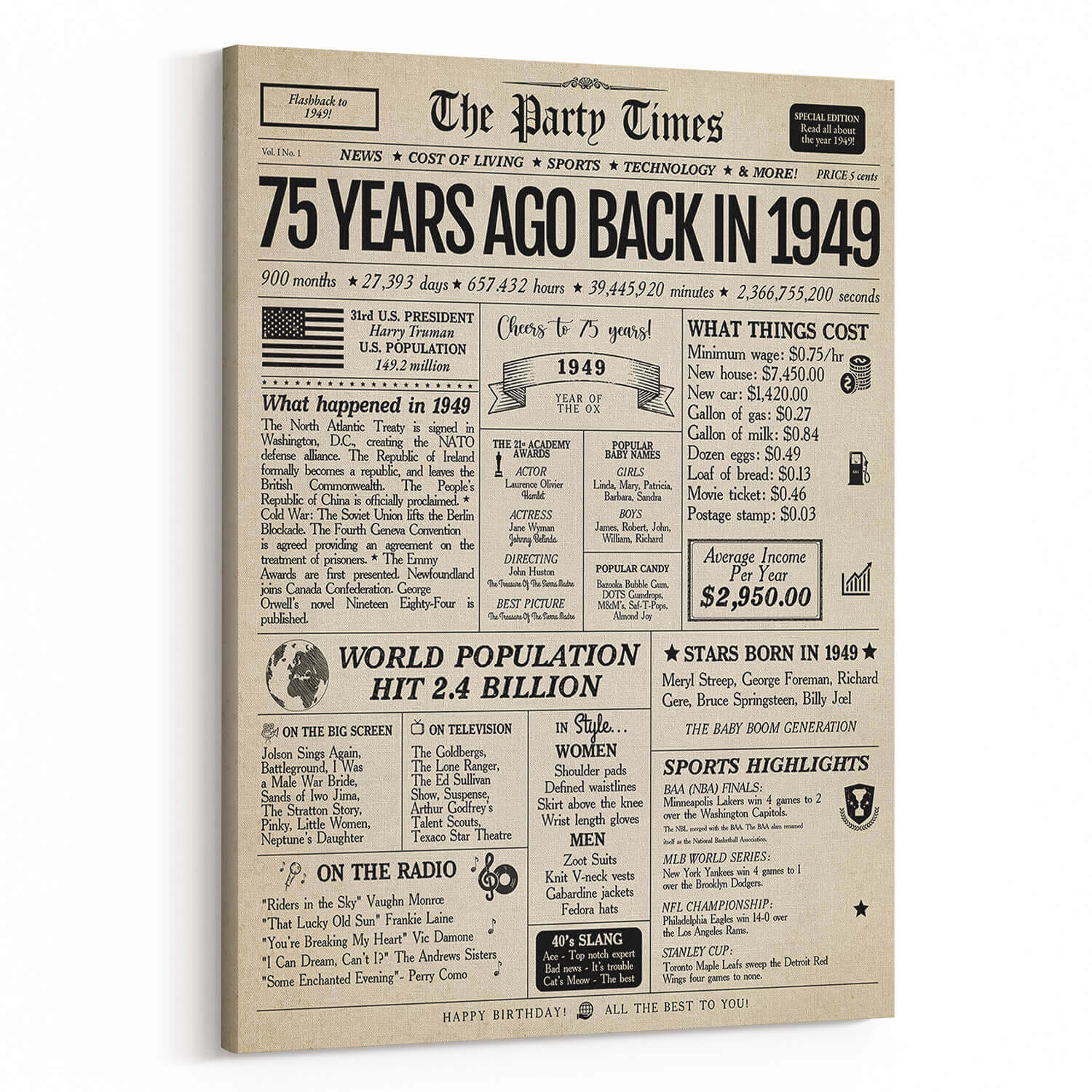 Back In 1949 75th Birthday Newspaper  Canvas Print