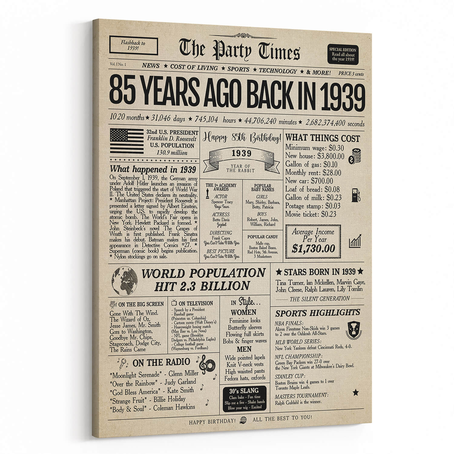 Back In 1939 85th Birthday Newspaper  Canvas Print