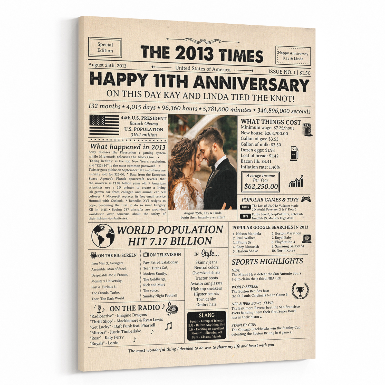 Happy 11th Wedding Anniversary Custom Photo Newspaper Canvas Print