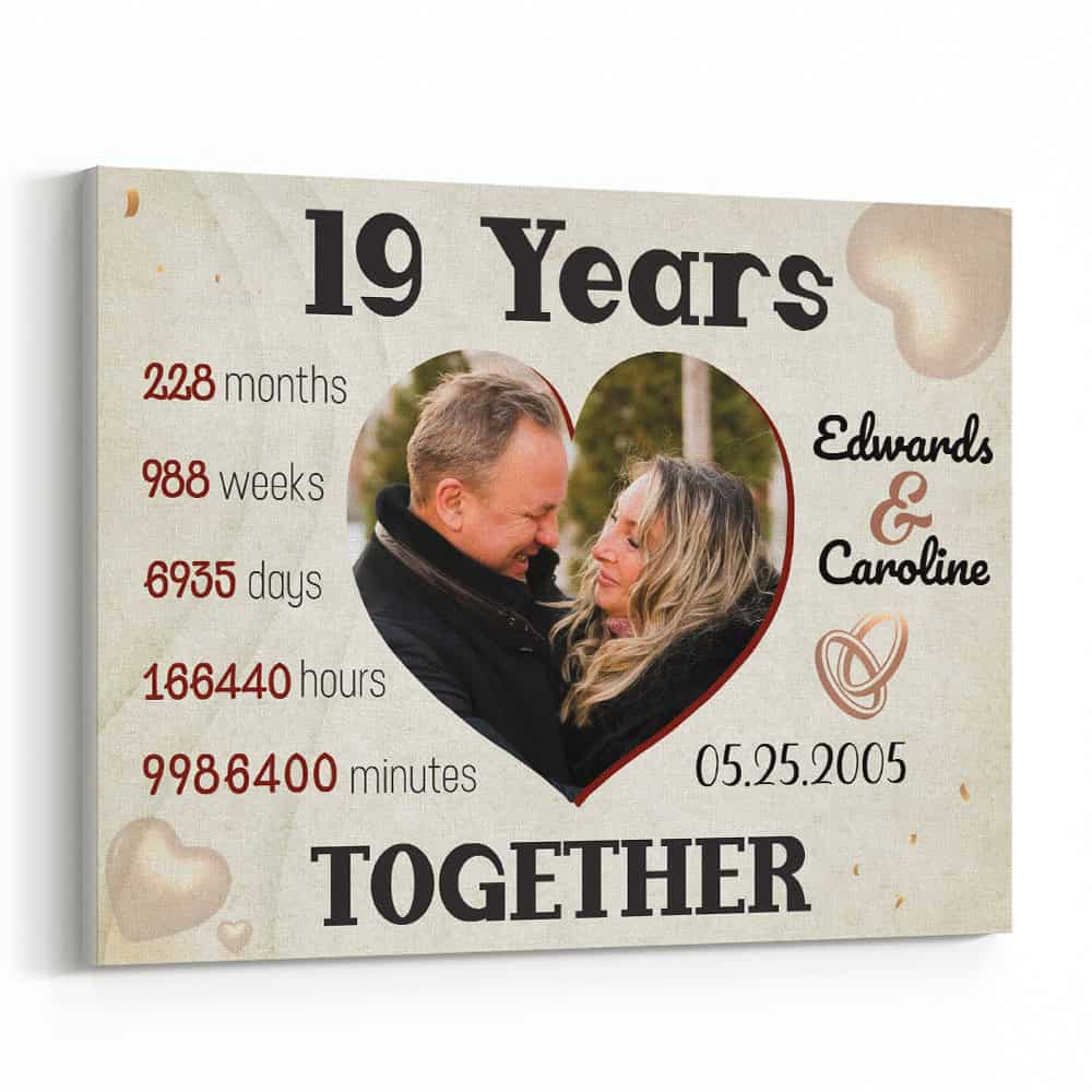 19 Years Together Heart-Shaped Custom Canvas Print