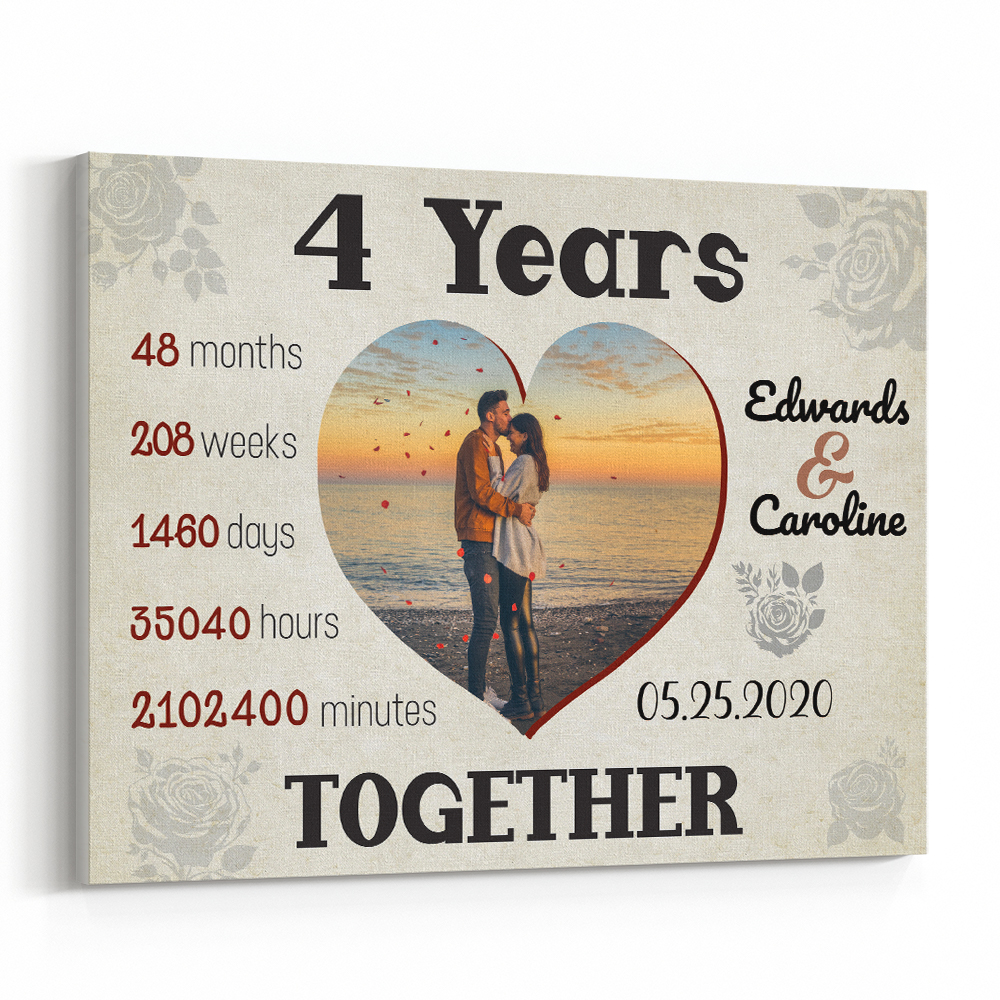4 Years Together Heart-Shaped Custom Photo Canvas Print