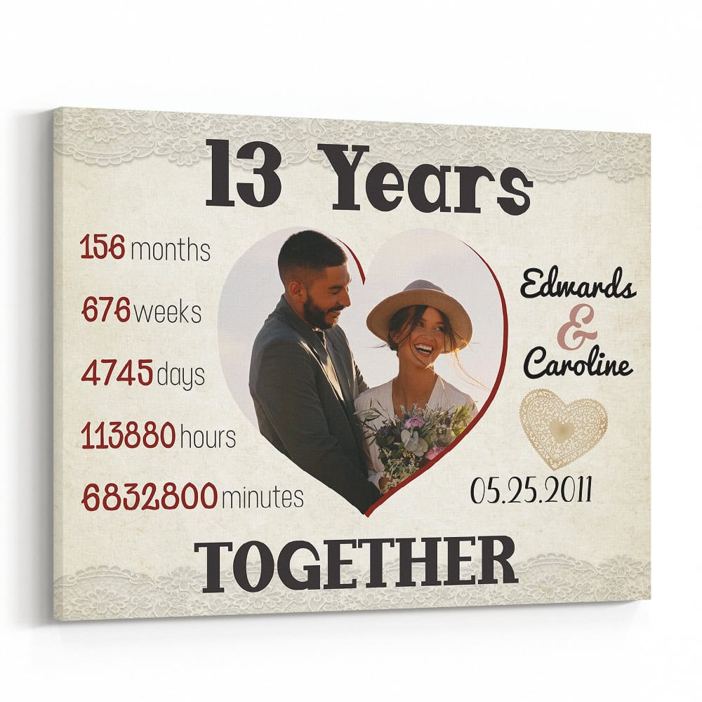 13 Year Together Heart-Shaped Custom Photo Canvas Print