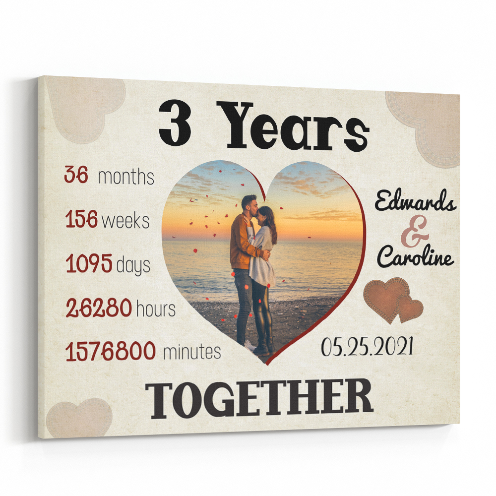 3 Years Together Heart-Shaped Custom Canvas Print