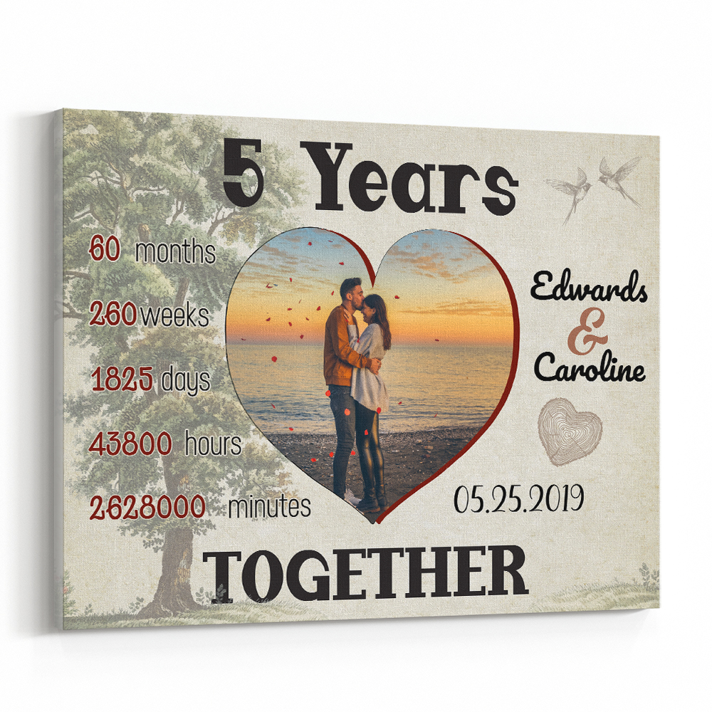 5 Years Together Heart-Shaped Custom Photo Canvas Print
