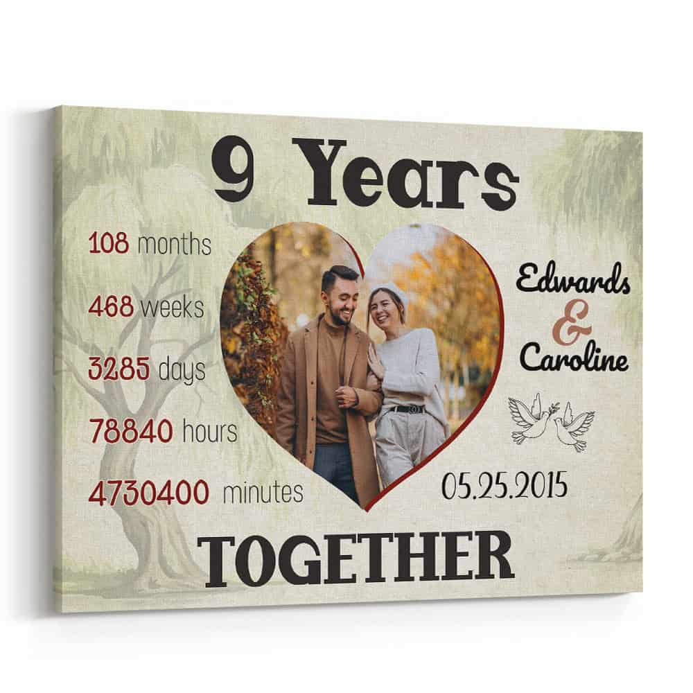 9 Years Together Heart-Shaped Custom Photo Canvas Print