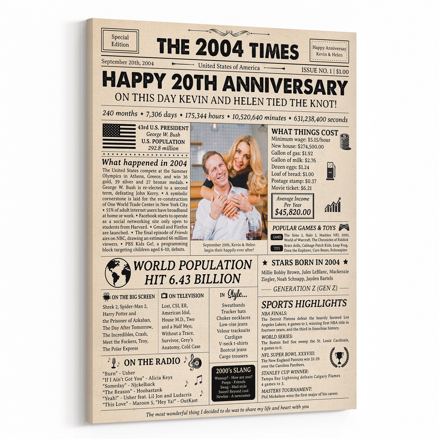 Happy 20th Wedding Anniversary Custom Photo Newspaper Canvas Print