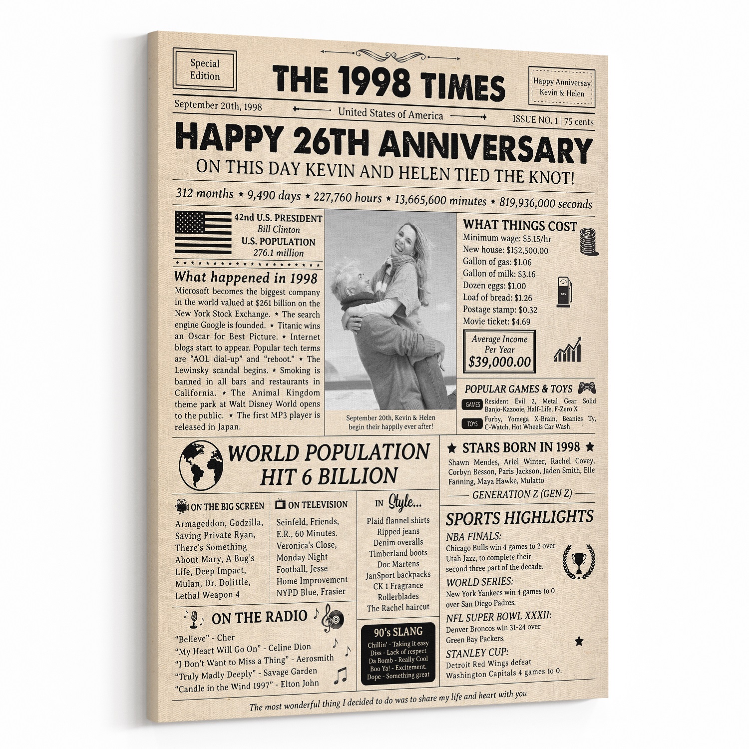 Happy 26th Wedding Anniversary Custom Photo Newspaper Canvas