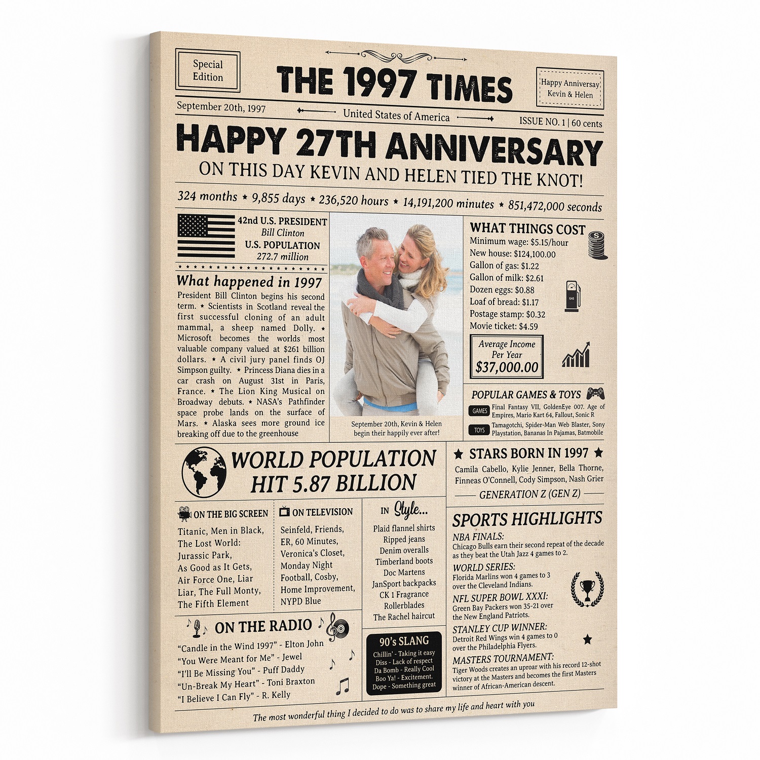 Happy 27th Wedding Anniversary Custom Photo Newspaper Canvas Print