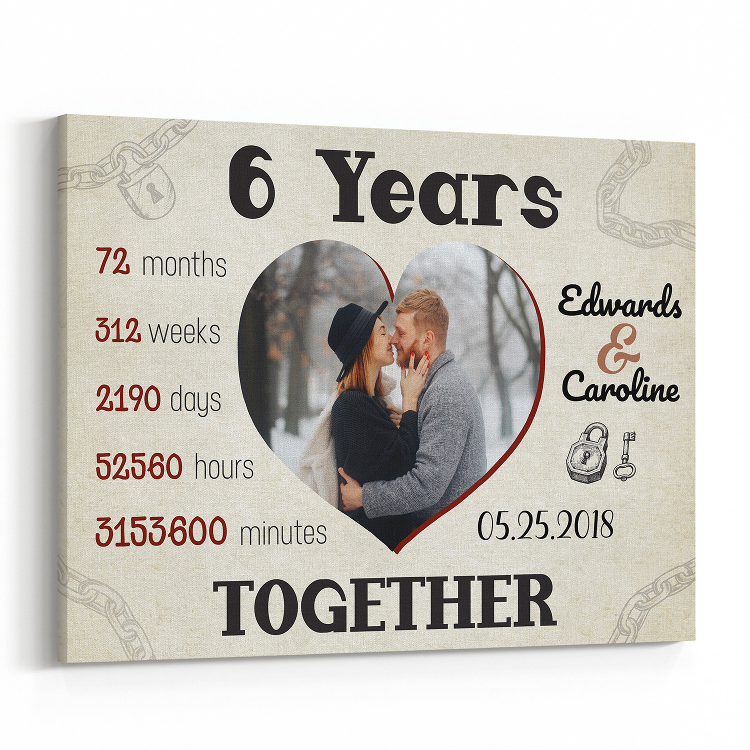 6 Years Together Heart-Shaped Custom Photo Canvas Print