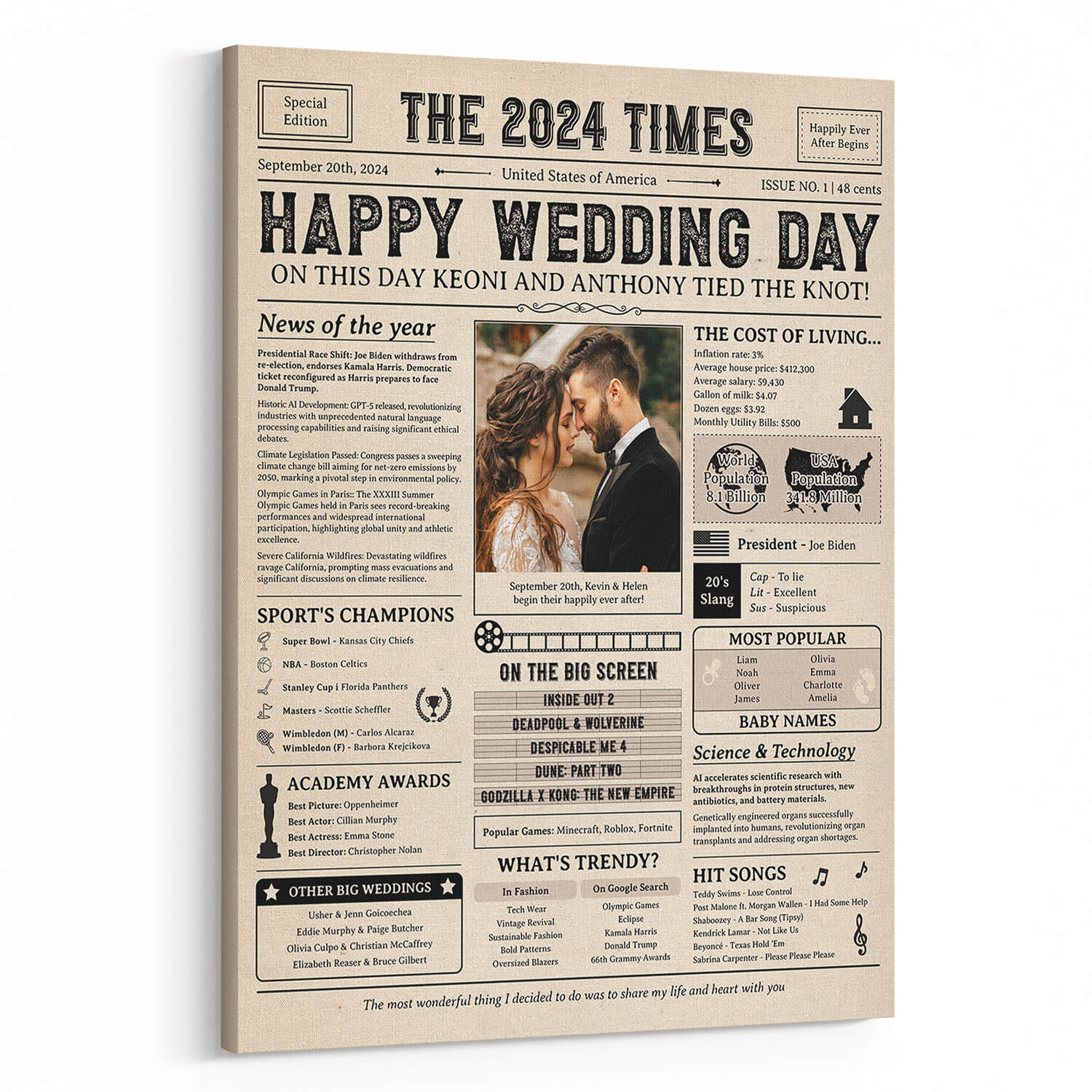 Happy Wedding Day 2024 Custom Photo Newspaper Canvas Print