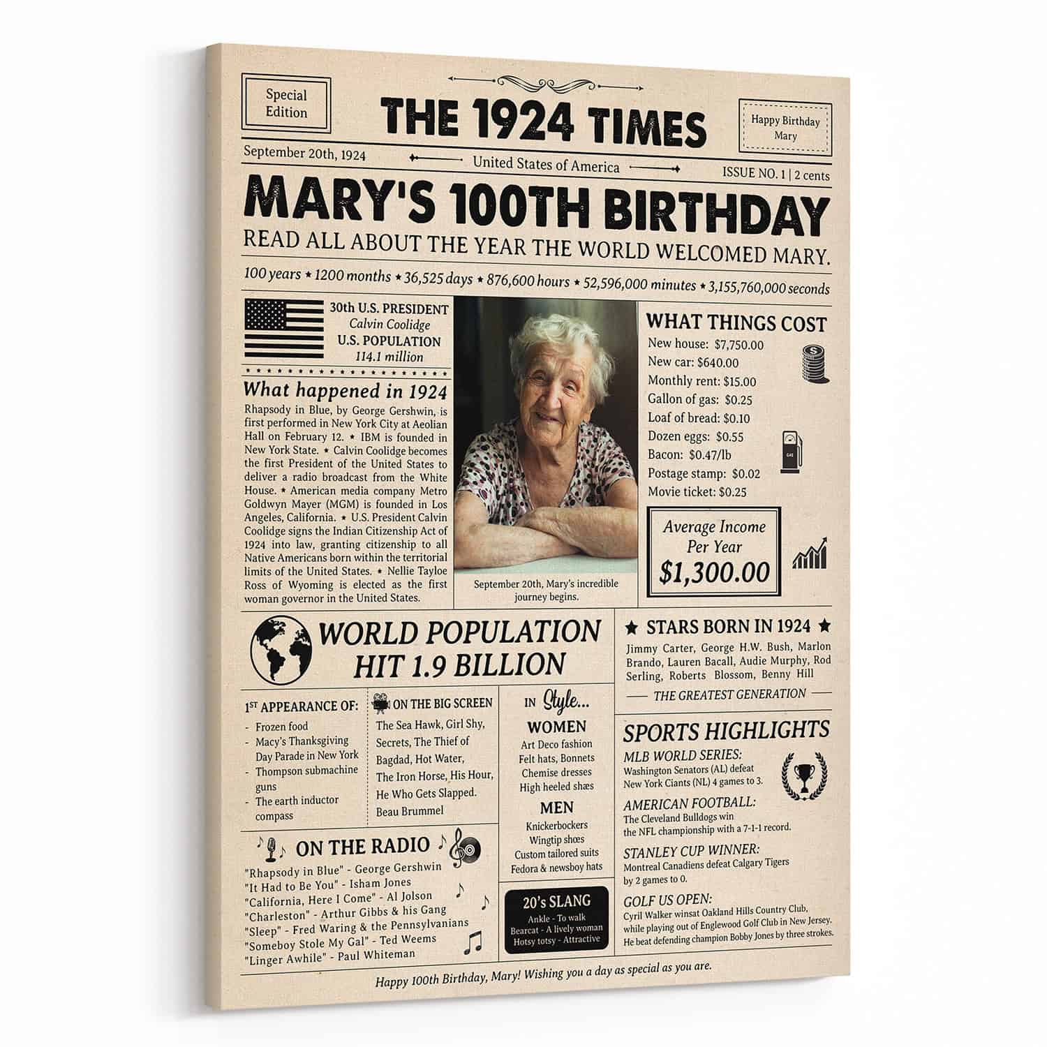 100th Birthday Gift: 1924 Birthday Newspaper Canvas