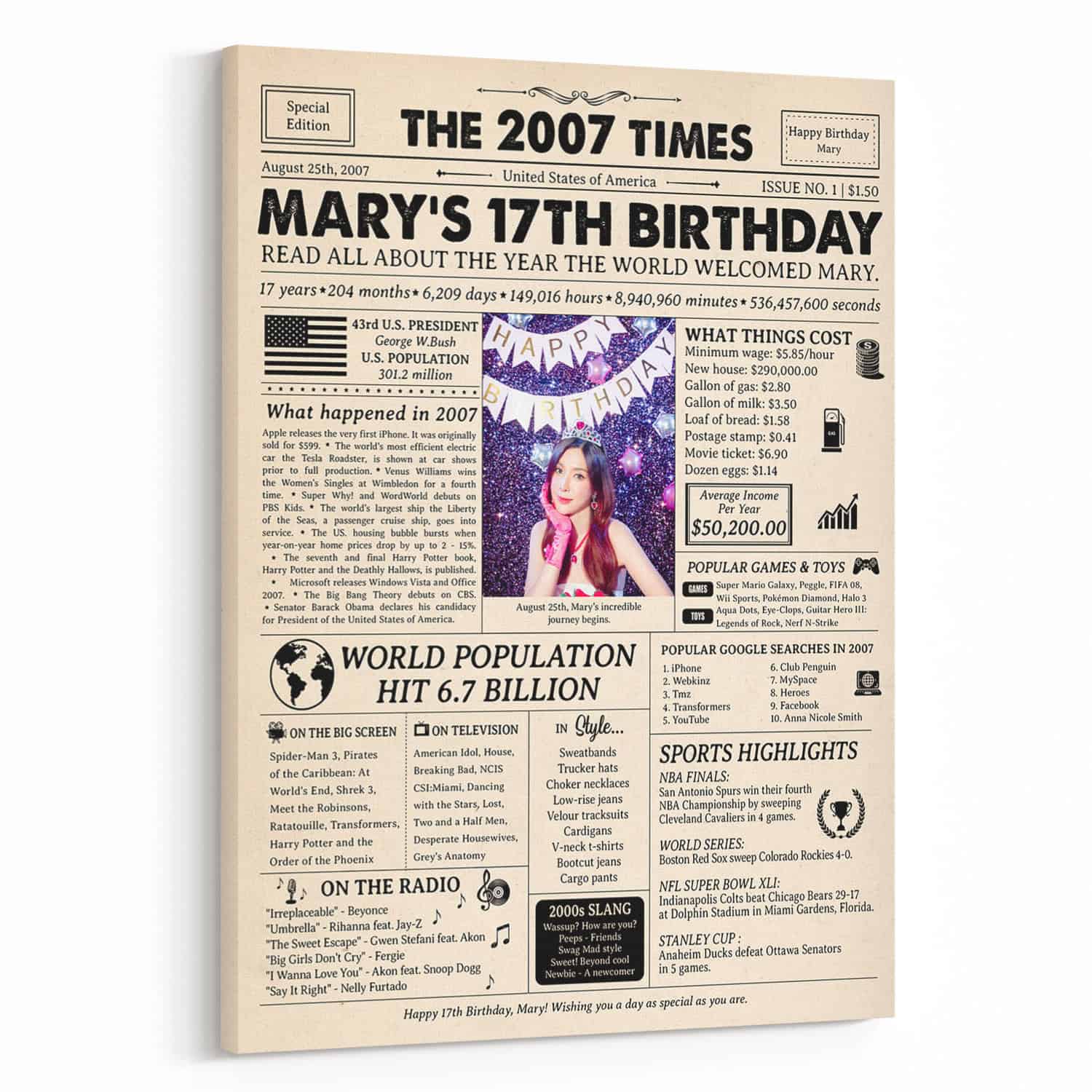17th Birthday Gift: 2007 Birthday Newspaper Canvas